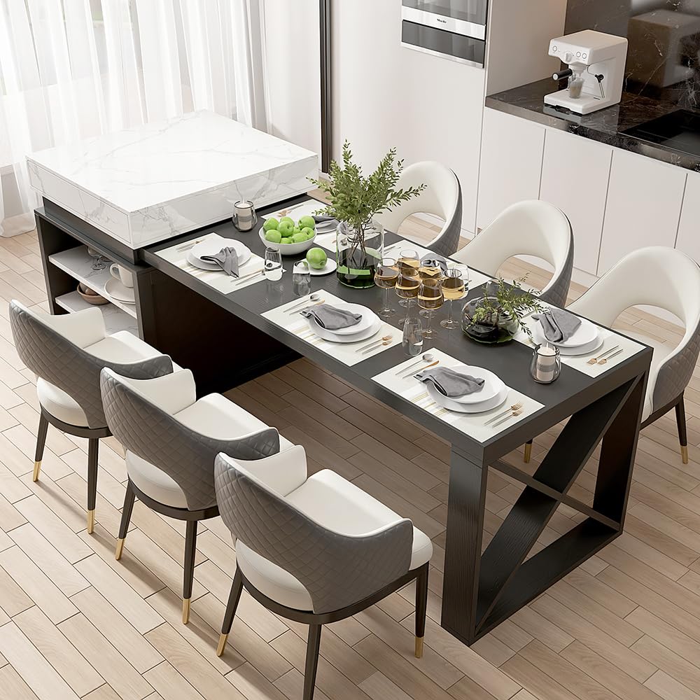 Homary Isla de Cocina Extensible con Almacenamiento múltiple para Cocina y Comedor, hacia la Derecha 185-235cm x 90cm (Blanco Mate y Negro)