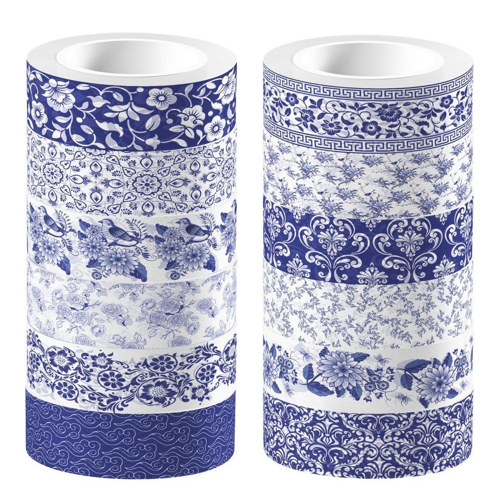 Fituenly Blue 12 Rolls Porcelain Sticker Tapes Chinese Washi Tapes Scrapbooking Stickers For Craft Scrapbook Diy Gift Wrapping