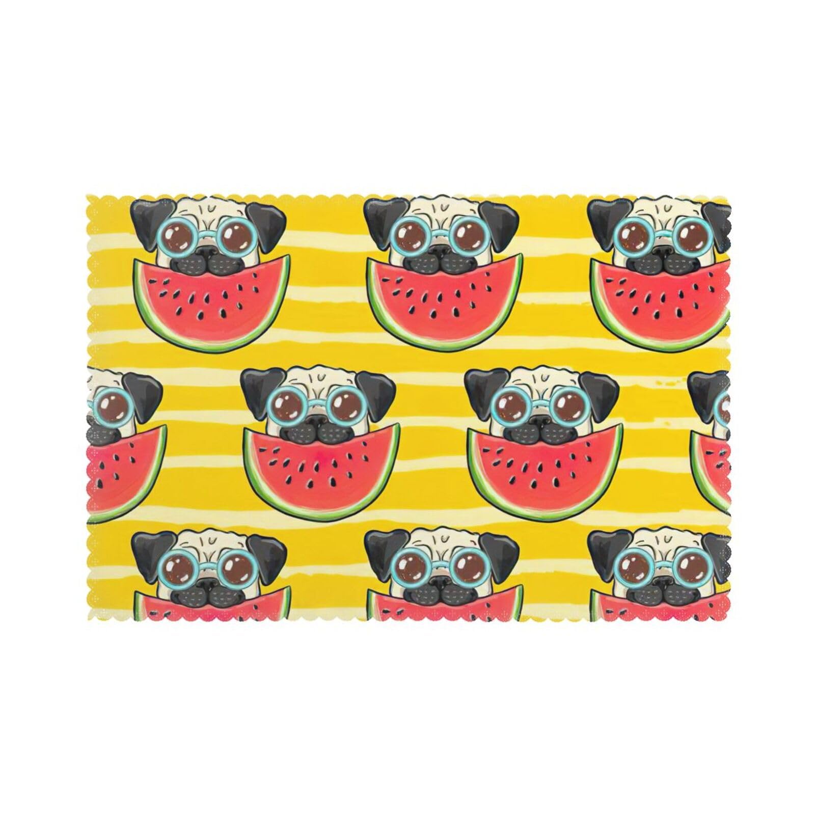 Funny French Bullfighting Watermelon Print Placemats Set Of 6, 12x18 Inch Polyester Washable Heat Resistant Kitchen Dining Table Mats