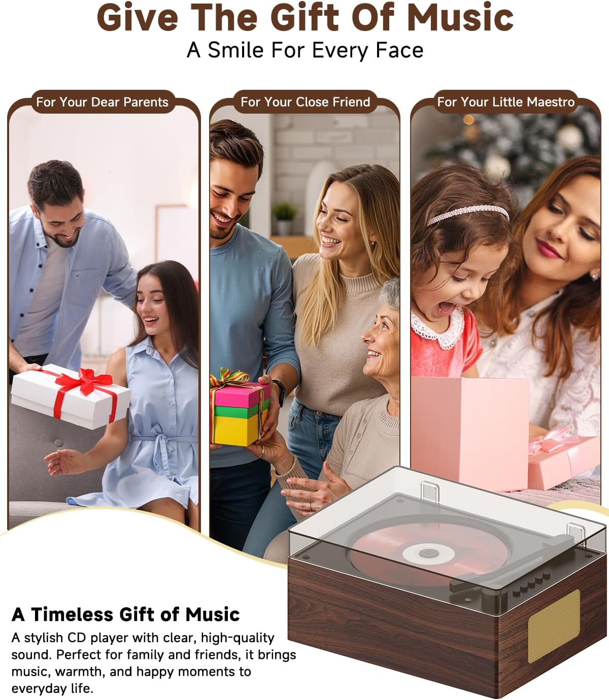Portable CD Player with Bluetooth 5.3 for Home, Hi-Fi Dual Stereo Speakers, Remote Control, 2000Mha Battery, Desktop Retro Music Player for Kids, Support USB/3.5mm AUX/Type-C