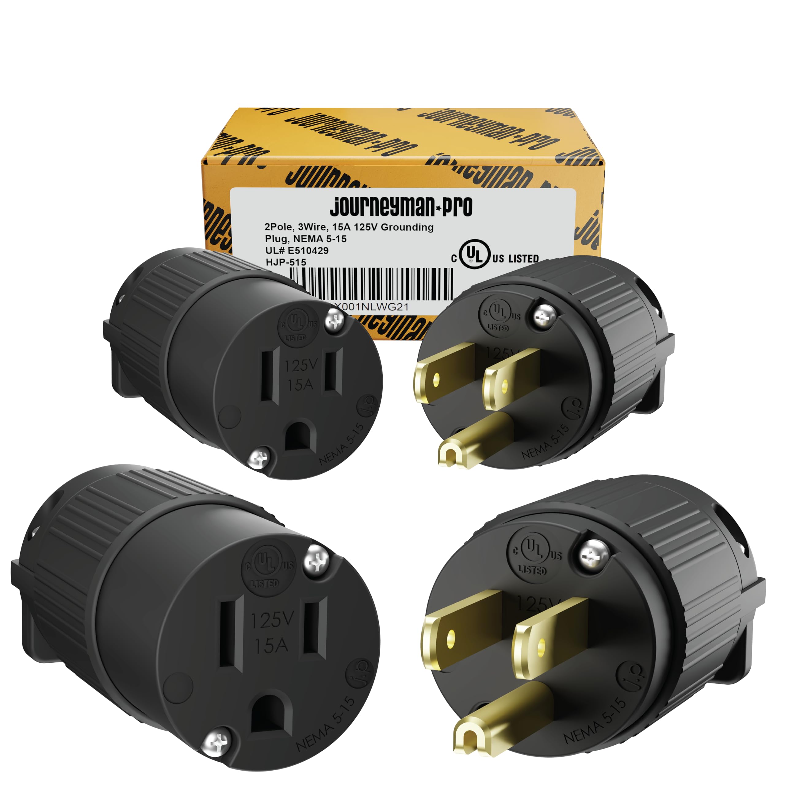 Journeyman-Pro 515PC Plug & Connector Set 15 Amp 120-125 Volt, NEMA 5-15P + 5-15C, 2Pole 3Wire, Straight Blade, Male & Female Replacement Cord End, Commercial Grade PVC Black (2)