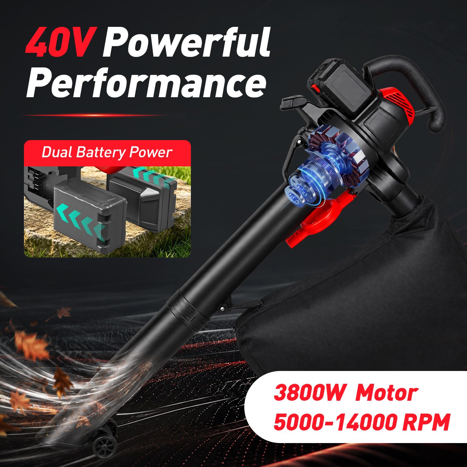 Aspirateur souffleur Feuille sans Fil à Batterie,maximale 340 km/h, Sac 40L, Poids 6 kg, Appareil de Jardin Polyvalent pour terrasse, allée et Cour, élimine brindilles et débris 2x5000mAh