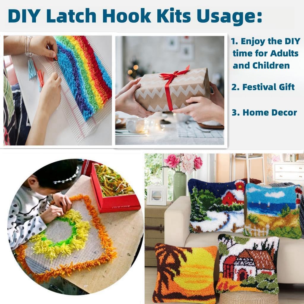 White Snow Tree and River Latch Hook Pillow Kits Printed Embroidery Pillowcase DIY Crochet Yarn Hook and Latch Craft Art Cushion for Home Christmas Decoration 43x43cm(4)