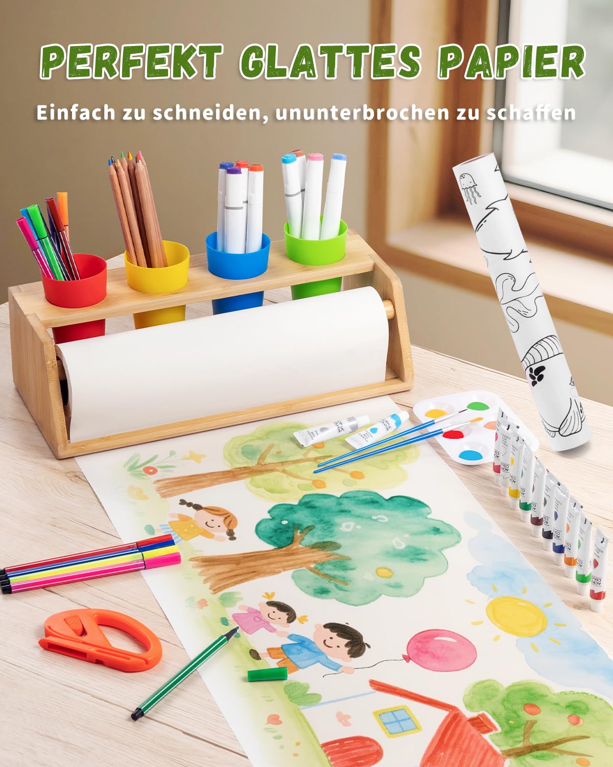 Holz Papierrollenhalter – 35-teiliges Malset mit Malrolle für Kinder, Papierrolle malen Kinder, Farben & Pinseln – Fördert die Selbstständigkeit des Kindes in der Schule und zu Hause