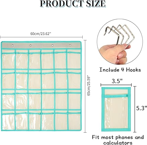 Miniatura 2 de 24 bolsillos transparentes para el aula para teléfonos celulares, soporte de teléfono para calculadora con ganchos, organizador de almacenamiento de