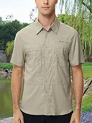 Camisa masculina leve com proteção solar FPS 50+, para pesca, caminhada, manga curta, com botões e bolsos com zíper