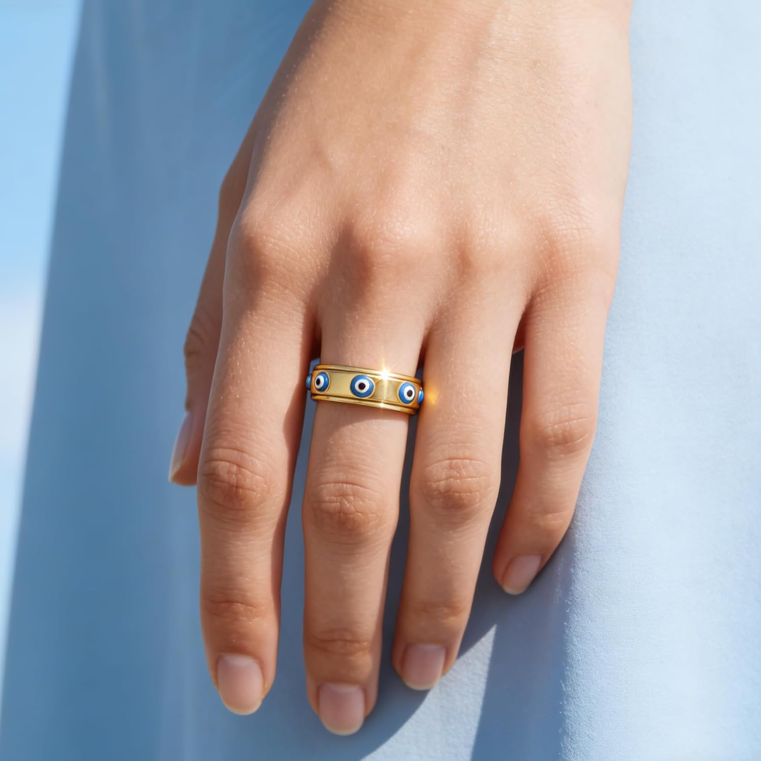 Evil Eye Fidget Ring for Women - 18K Gold Plated Stainless Steel Spinner Rings for Anxiety Relief, Ojo Turco Ring Luck Amulet, Turkish Faith Protection Stackable Jewelry Gift for Women Men - Image 5