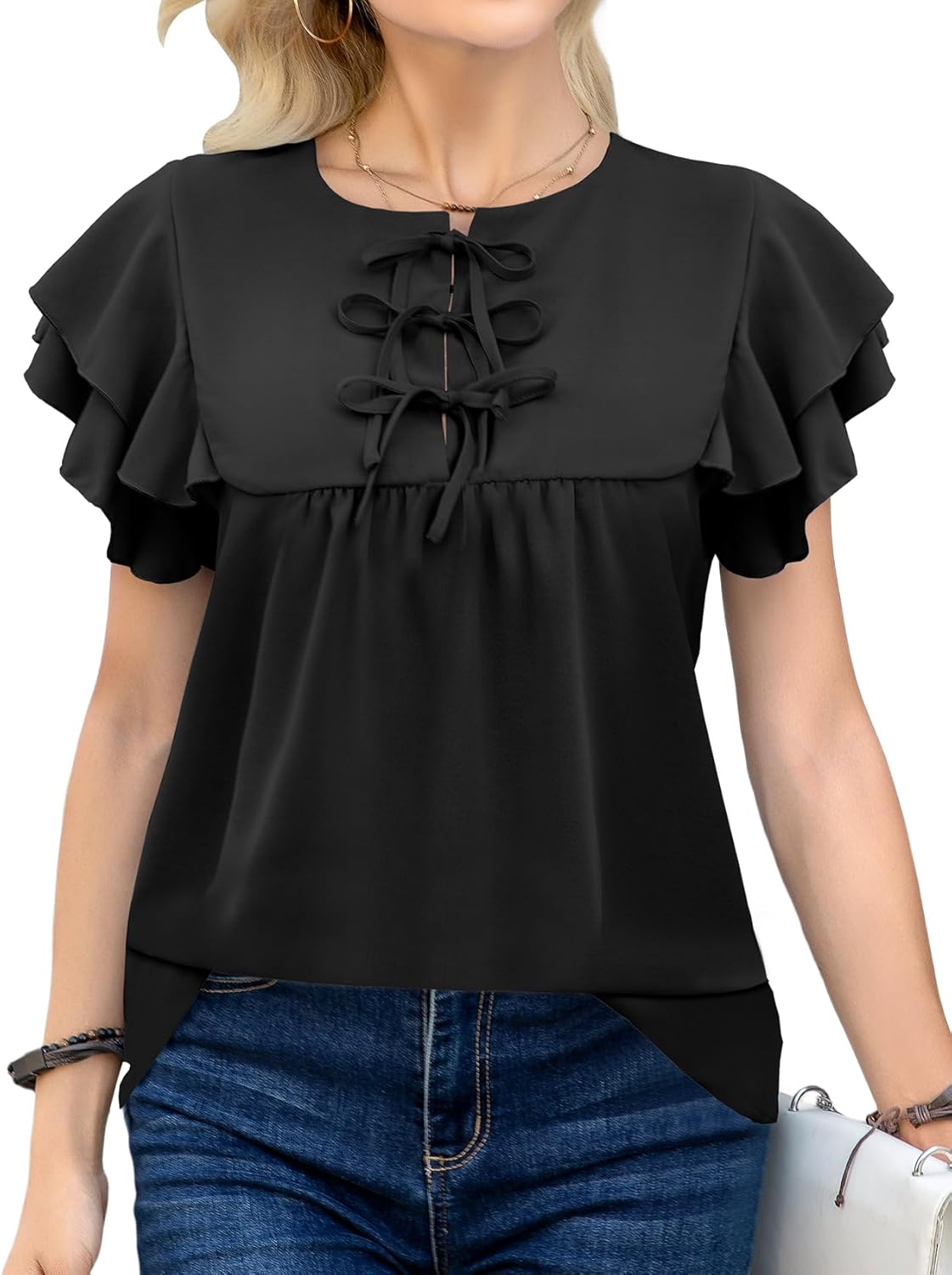 Womens Dressy Casual Shirts Summer Ruffle Short Sleeve Work Blouses Hidden Button Crewneck Cute Bow Tie Front Tops Large Black