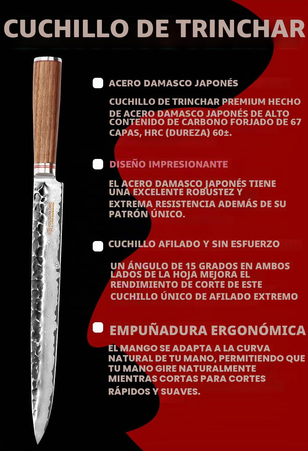 YOUSUNLONG Cuchillos japoneses para tallar carne 12 pulgadas - Acero Damasco VG10 - Mango ergonómico de madera de nogal