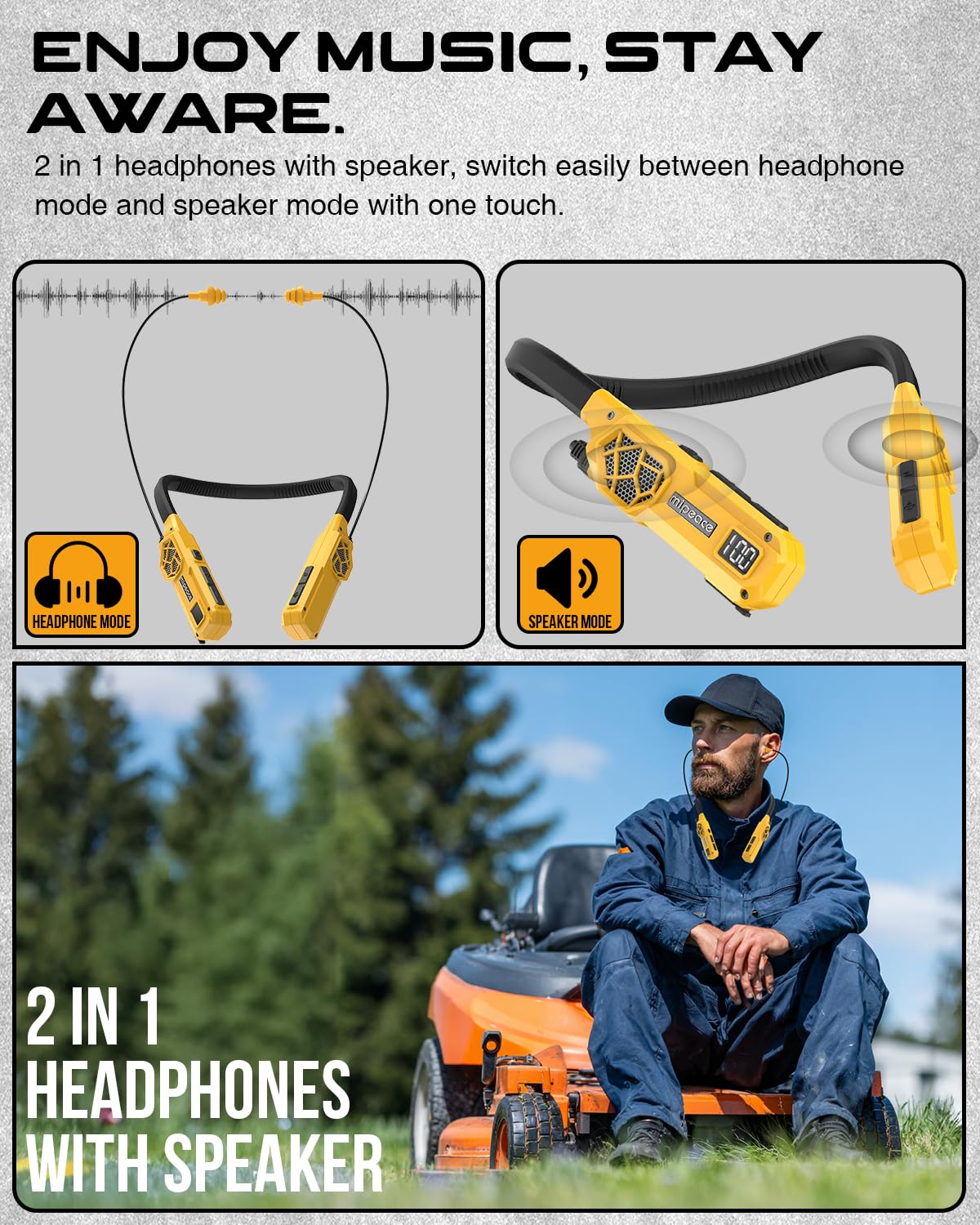 MIPEACE Casque Bluetooth tour de cou, 2 en 1 autour du cou, écouteurs de travail approuvés par l'OSHA avec haut-parleurs intégrés, ENC, plus de 100 heures de lecture, 4 modes d'égalisation pour la