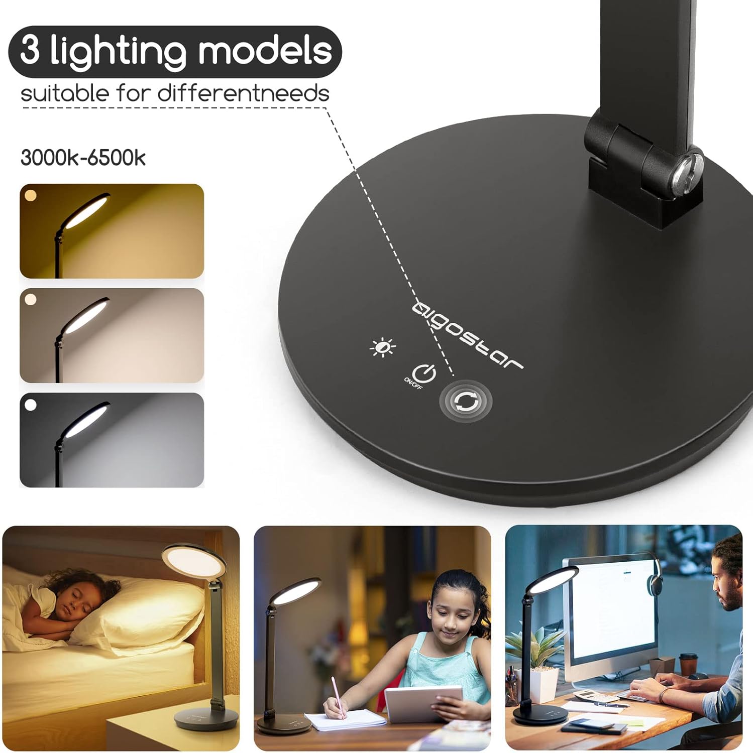LED Desk Lamp, Aigostar Steplessly Dimmable Daylight Lamps, Eye Caring