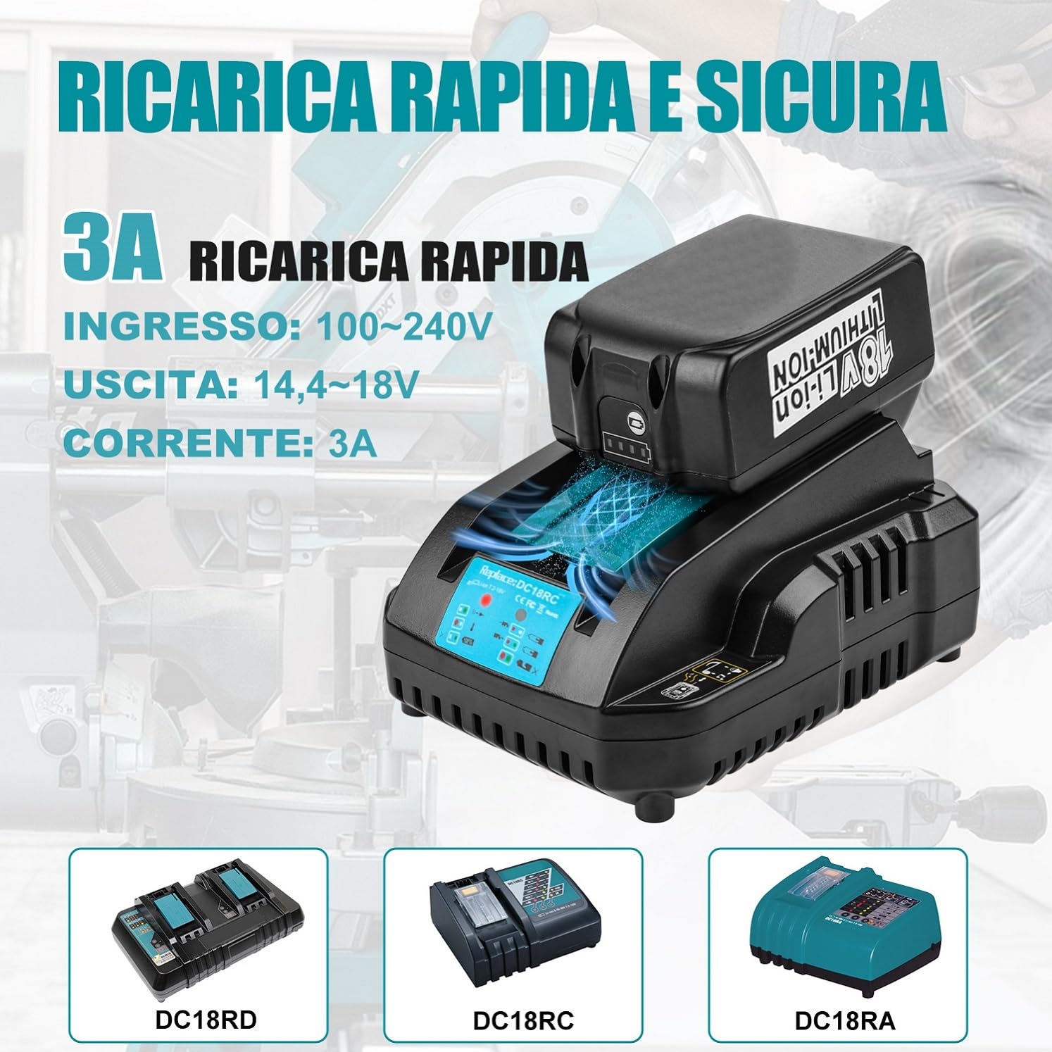 Caricatore da 14,4 ~ 18 V per Makita DC18RC 3 A, compatibile con batteria Makita 18 V BL1850 BL1850B BL1860