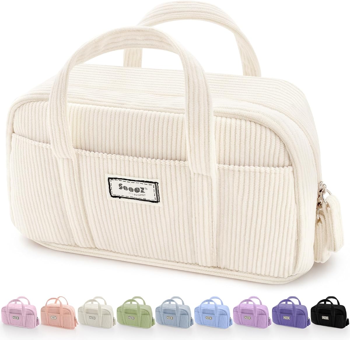Sooez Estuche Grande para Lápices, Estuche Extra Grande para Lápices con 5 Compartimentos | Bolsa para bolígrafos de apertura amplia, organizador de lápices de pana suave con cremallera, bonitos útiles escolares estéticos para niñas adolescentes-Beige