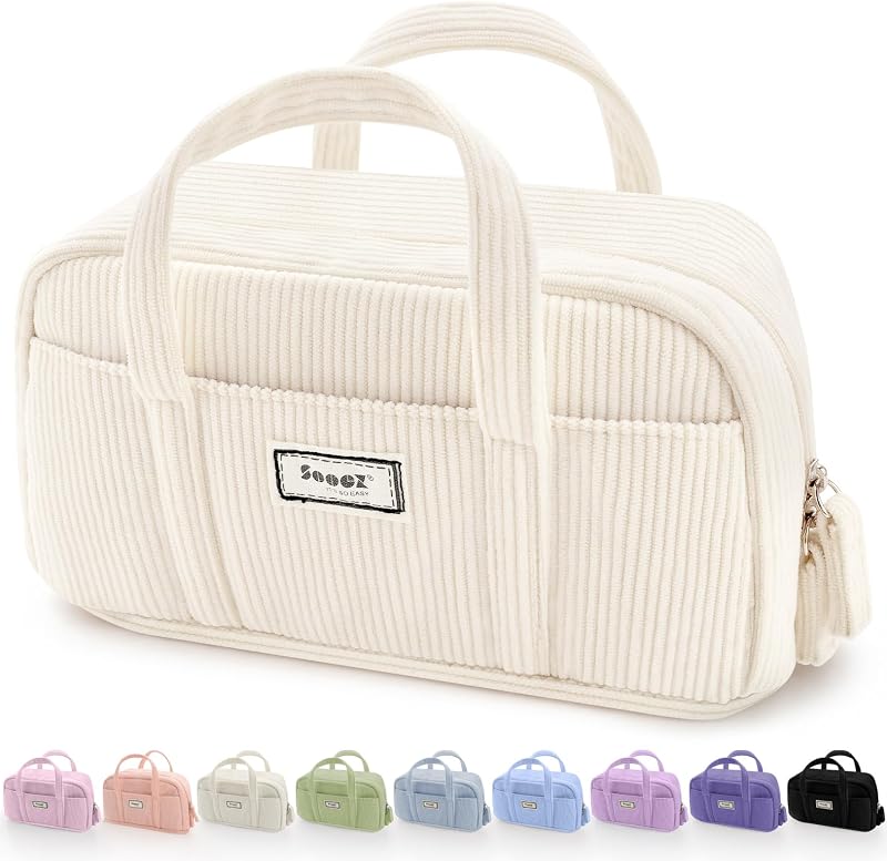 Sooez Estuche Grande para Lápices, Estuche Extra Grande para Lápices con 5 Compartimentos | Bolsa para bolígrafos de apertura amplia, organizador de lápices de pana suave con cremallera, bonitos útiles escolares estéticos para niñas adolescentes-Beige