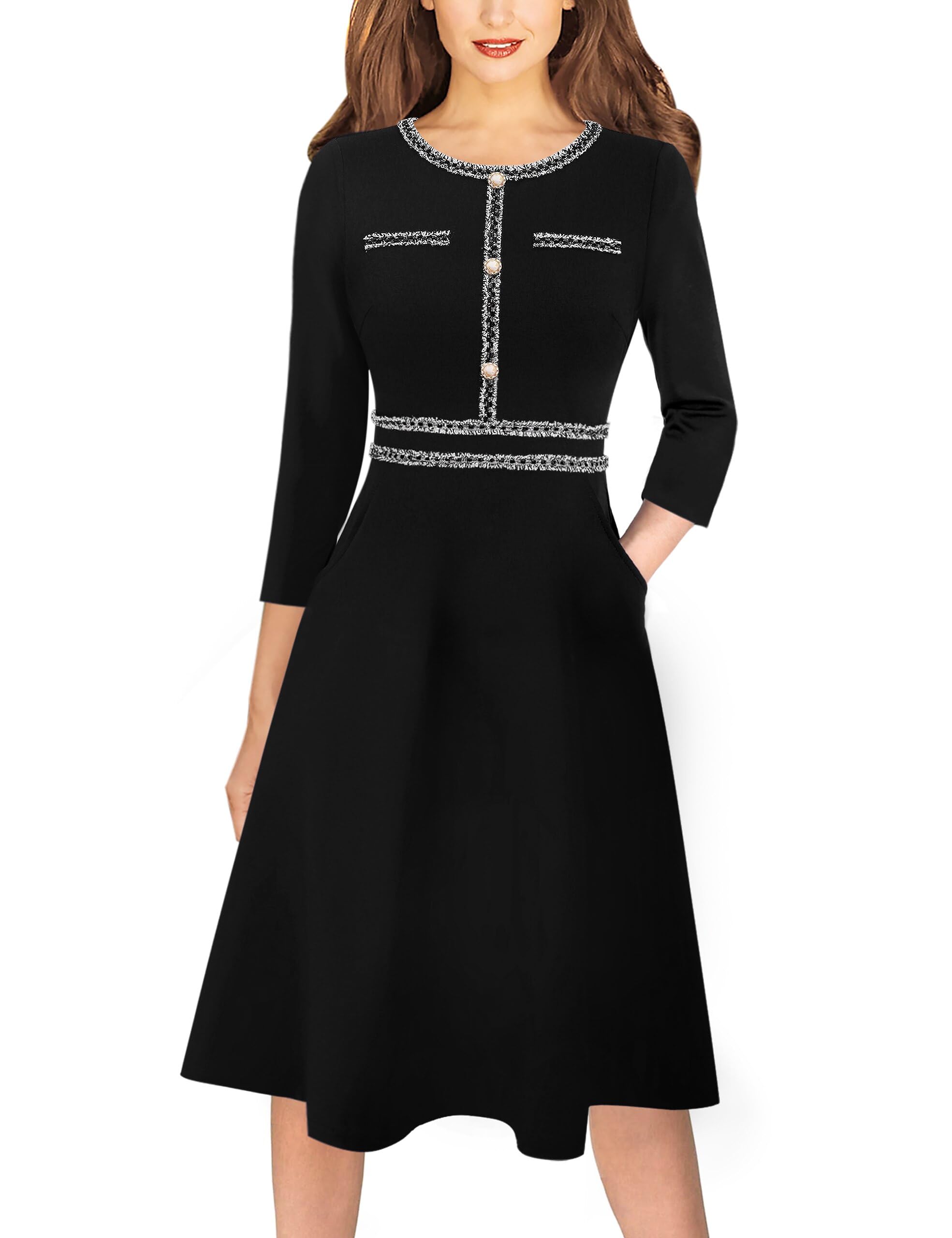VFSHOW Womens Buttons Pockets Office Business A-Line Dresses 3 4 Sleeves Work Crew Neck Tweed Trim Fit and