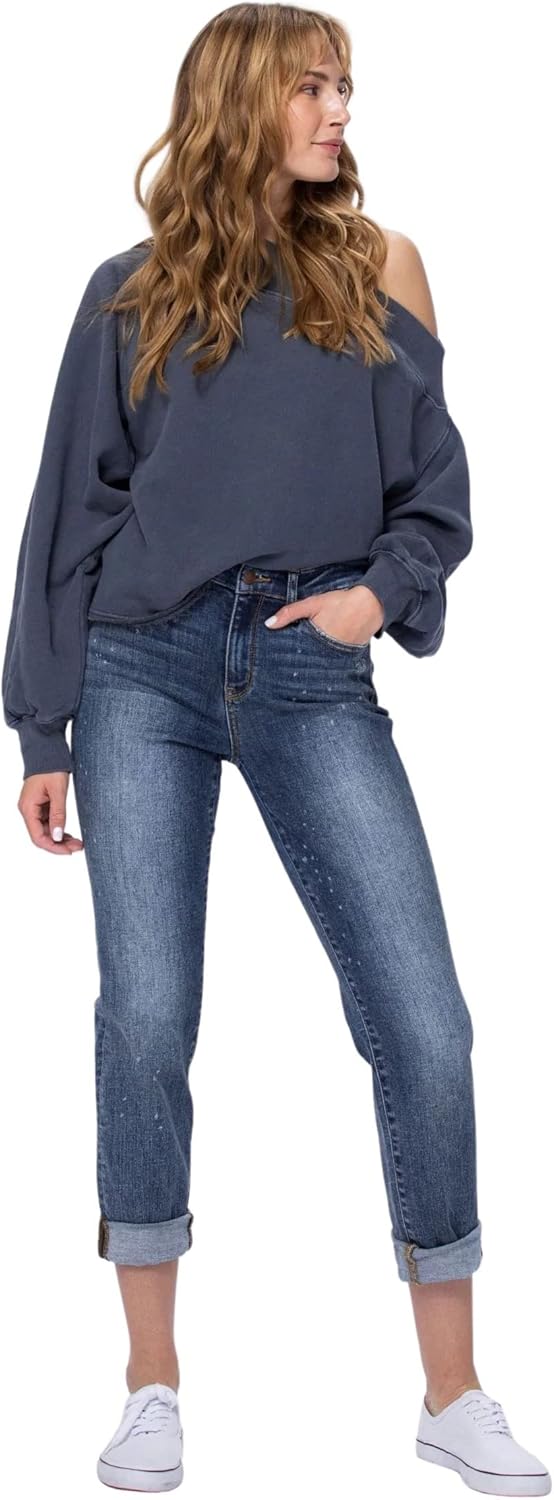 Judy Blue Women's High-Rise Bleach Splash Rolled-Cuff Boyfriend Jeans