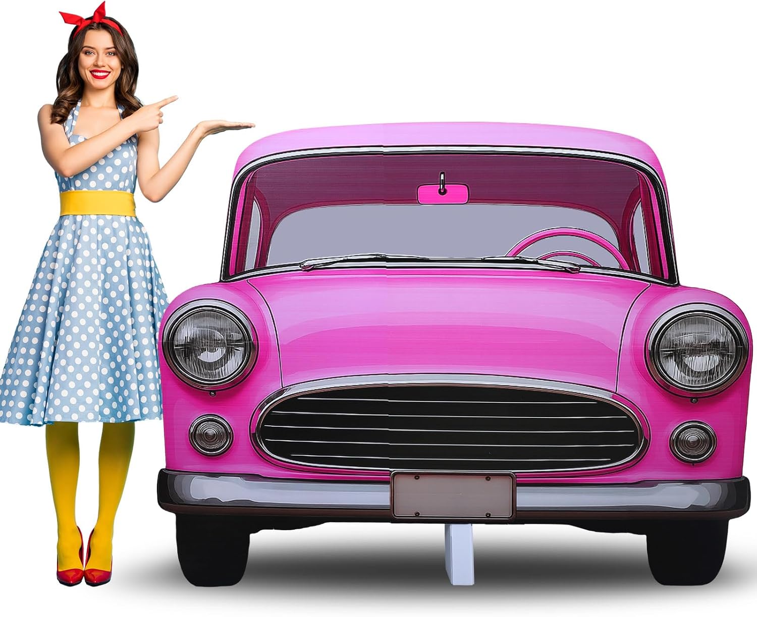 Amyhill 5 Feet 1920s Pink Car Cardboard Cutout Stand Up Life Size Retro Car Stand Up Cardboard 50's 20's 70's Themed Party Sock Hop Rock 'n' Roll Event Backdrop Photo Props Standup