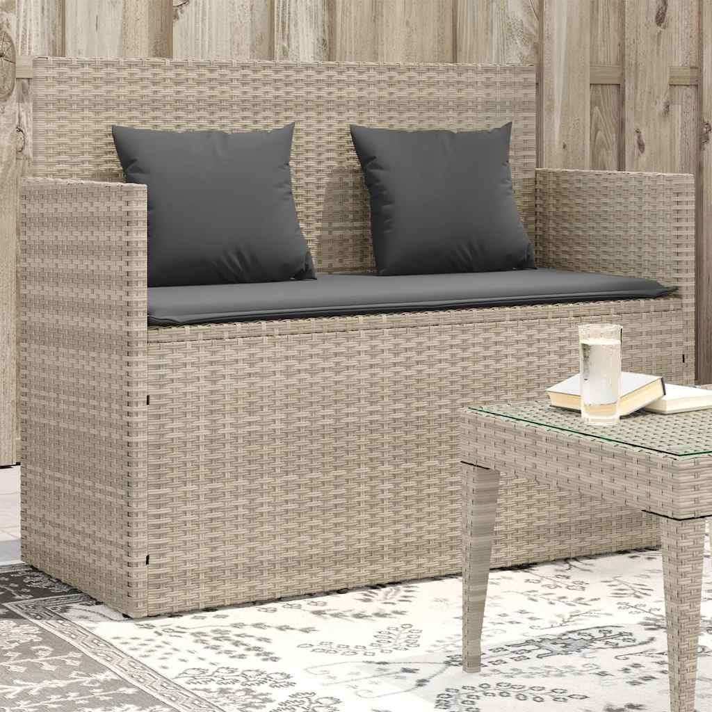 Banc de Jardin avec Coussins Gris Clair en résine tressée, mobilier extérieur avec Coffre de Rangement, Assise Confortable pour terrasse, Balcon ou Patio