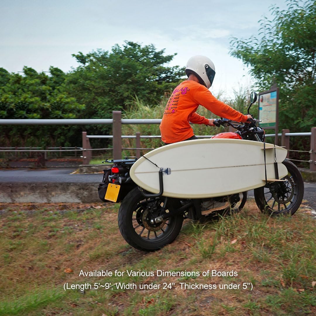 Motorcycle Surf Board Rack for Yamaha Tenere700, Surfboard Bike Rack Rotation Design & Bungee to Ensure Safety of Surfboards, Extension & Detachable Design for Leg Space and Easy Storage