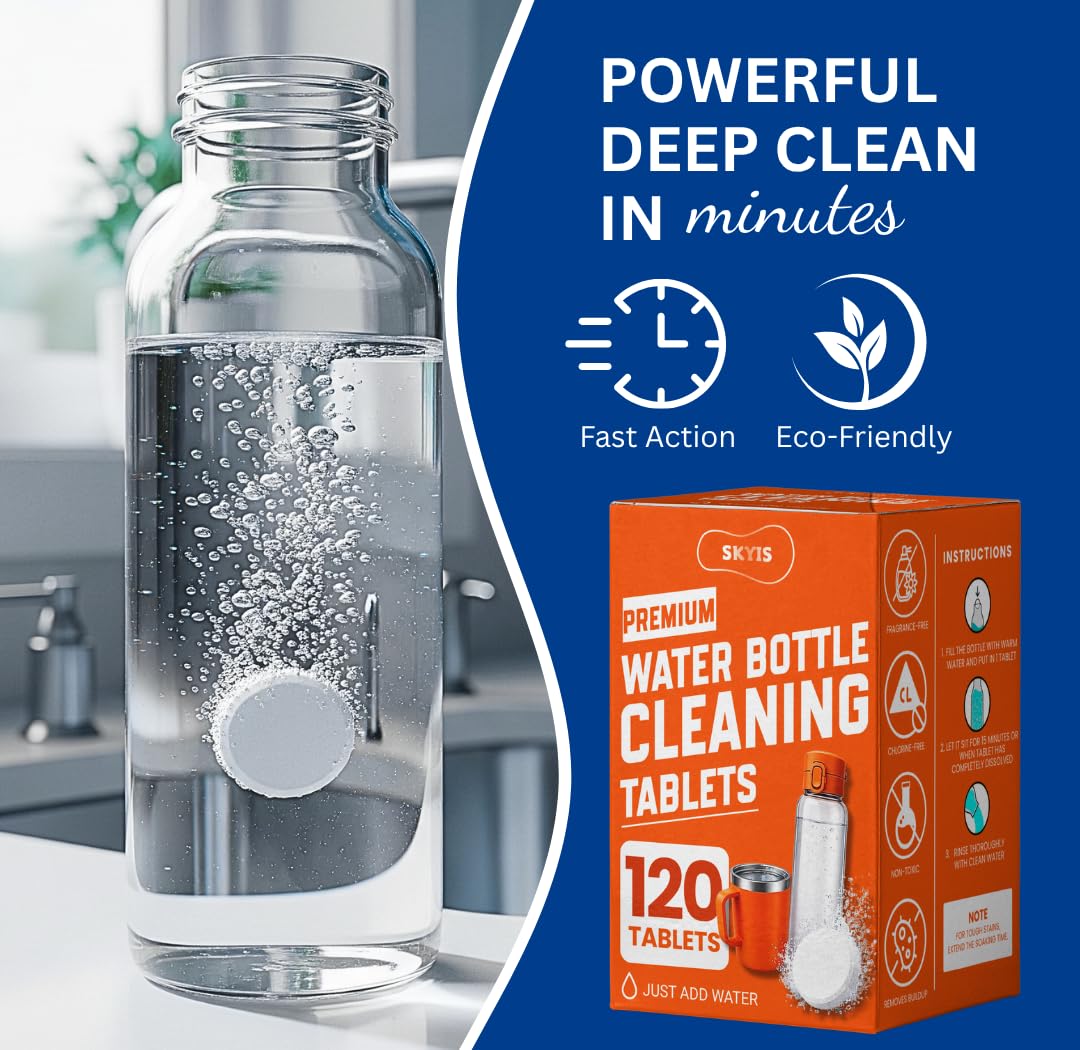 120 tabletas de limpieza de botellas de agua, tabletas de limpieza de botellas para botellas de agua y vasos de acero inoxidable, las tabletas limpiadoras de botellas son ideales para todas las