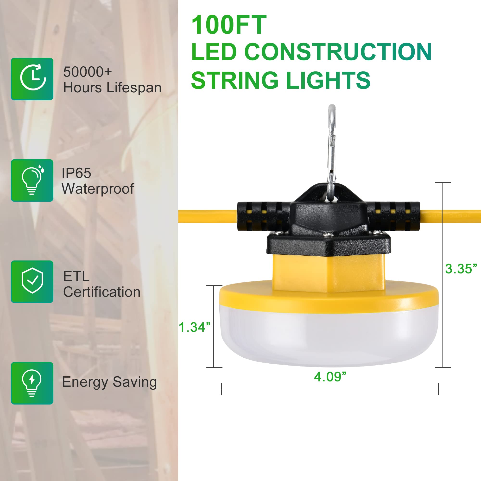 IP65 Waterproof Temporary Lighting 50FT Construction String Lights - 5 ...