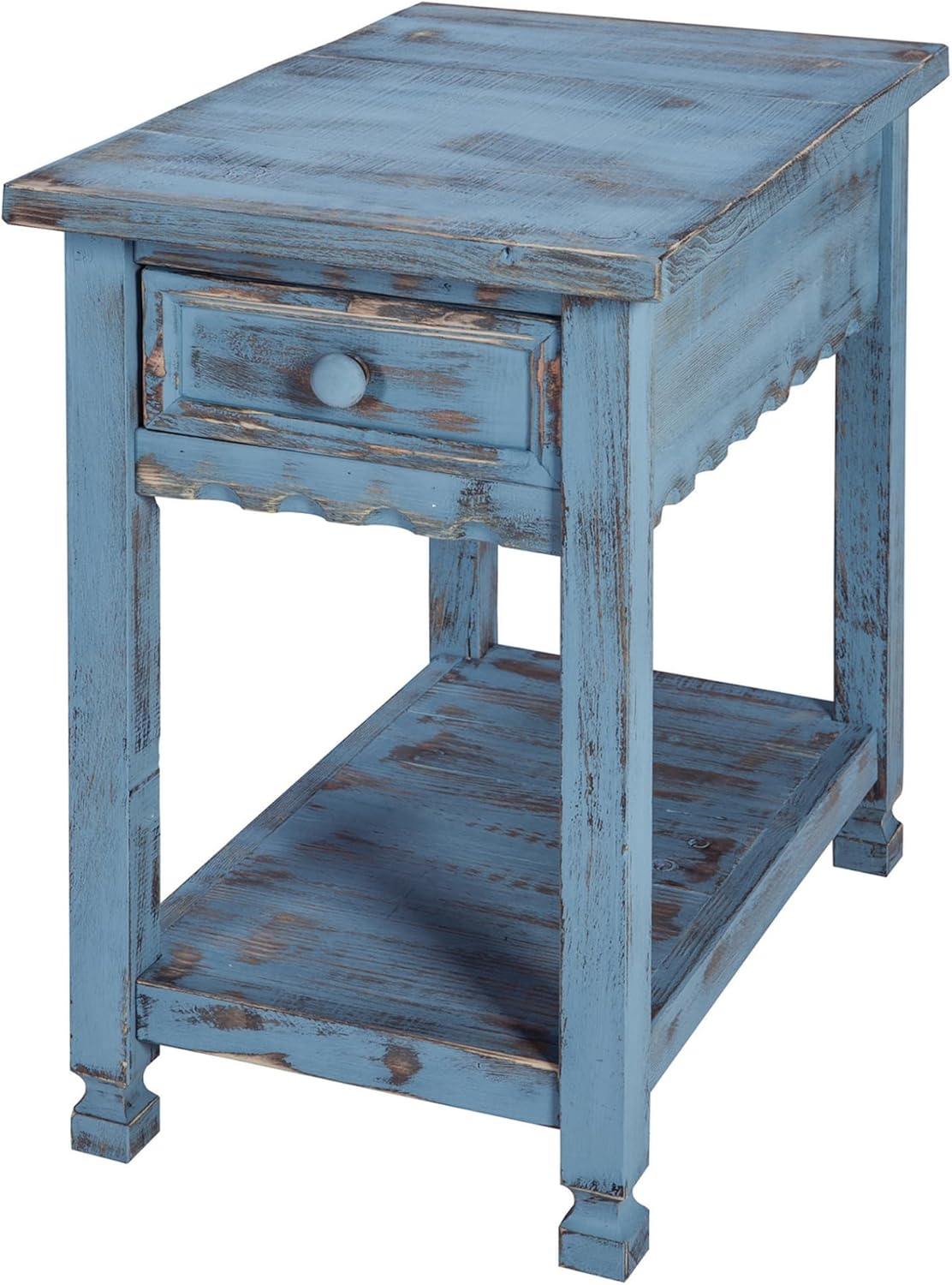 Country Cottage Chairside End Table with Drawer & Lower Shelf – 15" W x 23" D x 24" H Narrow Farmhouse Side Table or Rustic Nightstand by Alaterre Furniture (Distressed Antique Blue)