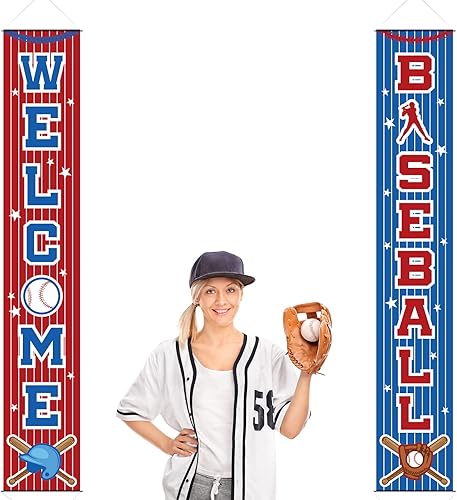 Miniatura 7 de Decoración de fiesta de béisbol, letrero de cumpleaños con temática de béisbol, cartel colgante para puerta de bienvenida, cartel deportivo de