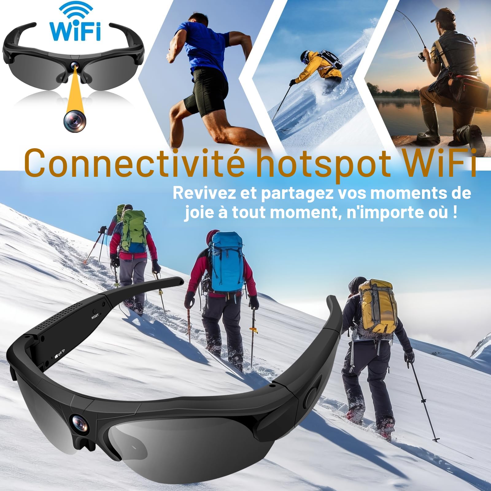 Lunette Camera 4K WiFi Grand Angle, Polarisé pour Sport & Aventure | 100min batterie, 256GB SD, enregistrement en boucle, lentilles polarisées UV, étui inclus