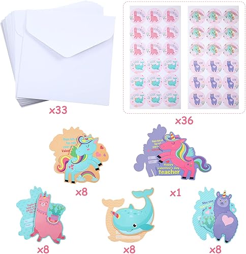 Miniatura 4 de Zonon Cajas de San Valentín, tarjetas de San Valentín de unicornio con sobres y calcomanías de unicornio para intercambio en el aula (1 buzón, 33