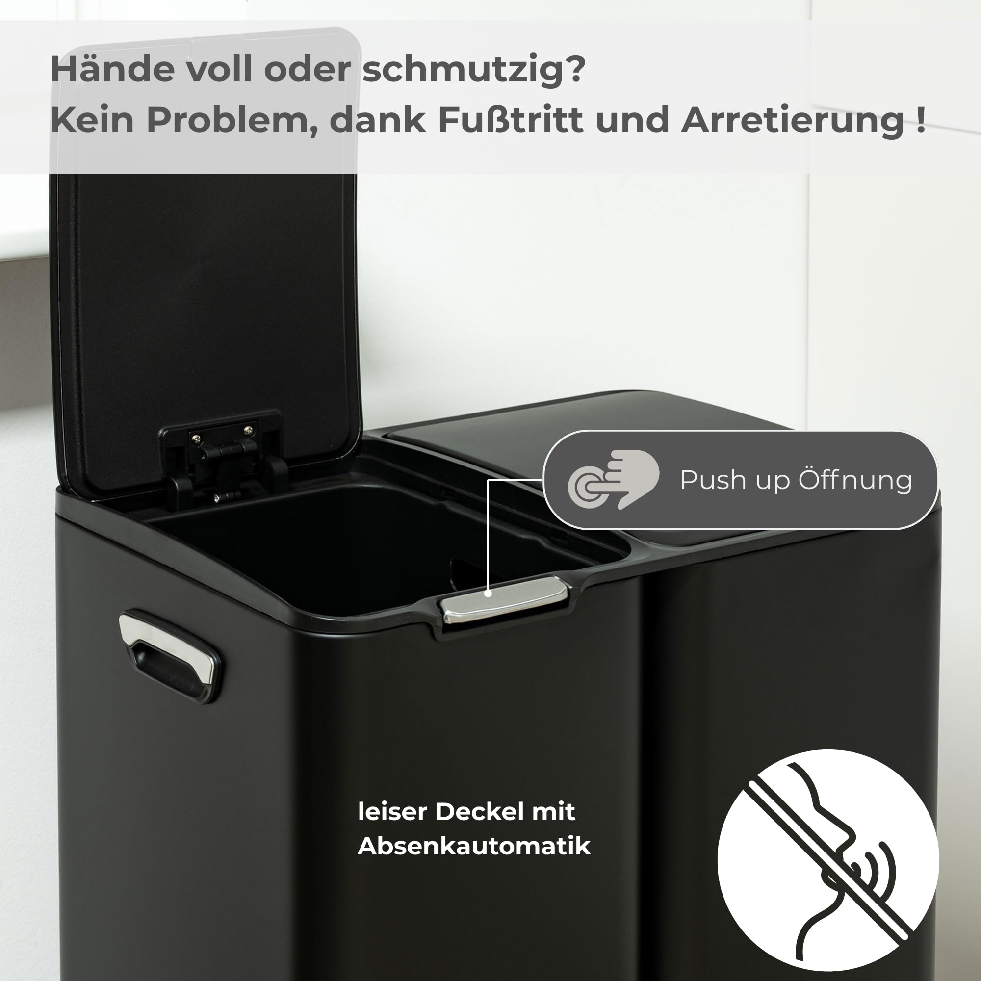 osoltus Mülleimer Abfallsammler Softclose Edelstahl hoch (60 L (30 + 17 + 13 L) schwarz)