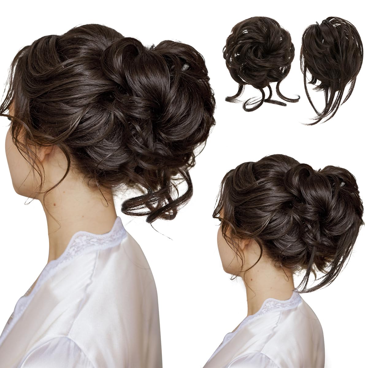 SARLA 2PCS Dark Brown Messy Bun Hair Pieces for Women Wavy Curly Synthetic Hairpieces for Updos with Tendrils Fake Scrunchies Ponytail Extension 2PCS-Dark Brown-No Clip