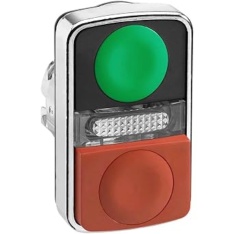 Schneider Electric - ZB4BW7L3740 - Illuminated double-headed push button head, Harmony XB4, metal, 22mm, 1 green flush + 1 pilot light + 1 red projecting, unmarked,  Each