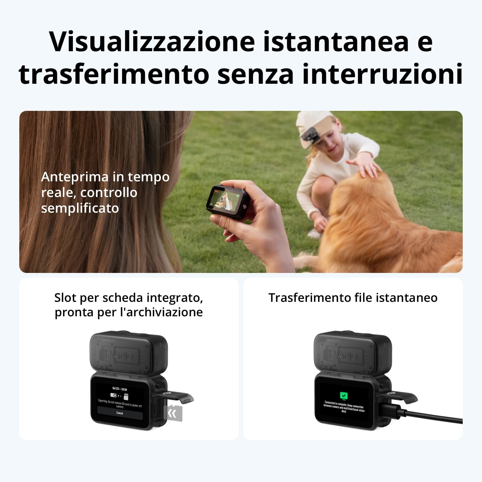 DJI Osmo Nano Combo Standard - Piccola fotocamera per vlog 4K/60fps con un sensore da 1/1,3″, video con ampio FOV di 143°, Registrazione di 200 minuti, Fotocamera magnetica POV (64 GB Bundle 1)