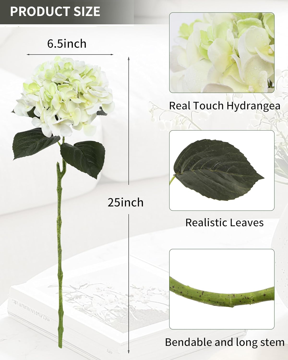DuHouse 3Pcs Large Hydrangea Artificial Flowers,24 inch Latex Real Touch Hydrangeas with Long Stems & Leaves for Wedding Home Decor Party Floral Arrangements Bouquets Centerpieces(White Green)