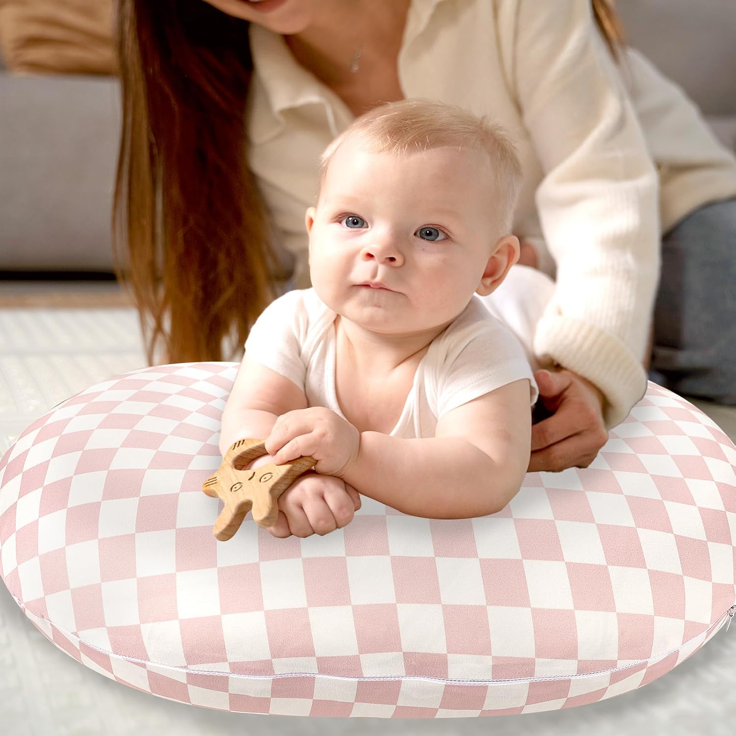 Baby Lounger Cover 1 Pack, DAYEEBALL Double-Sided Removable Lounger Covers & Stretchy and Soft Removable Nursing Pillow Covers for Baby Girls Boys, Pink Checkerboard