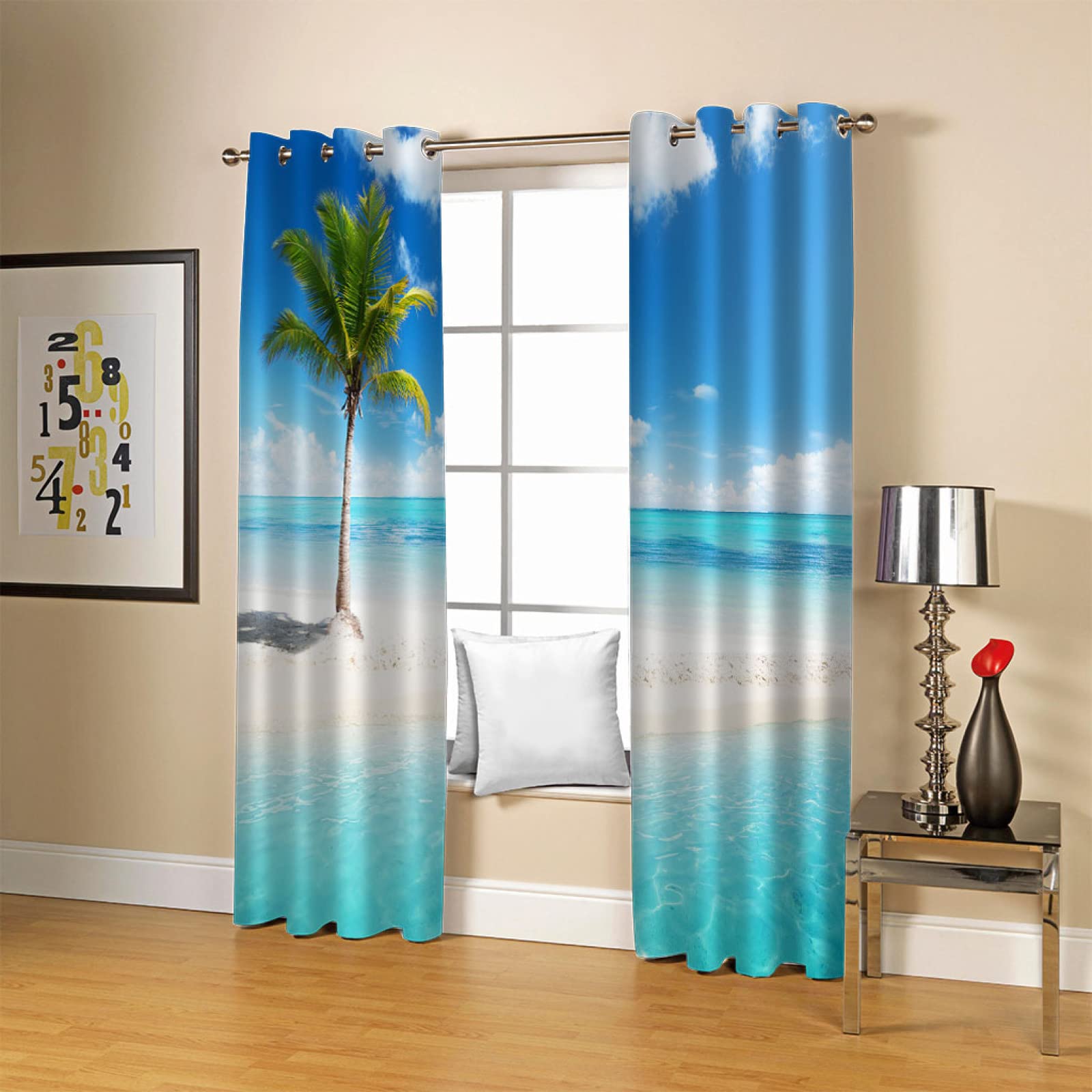 Rideaux Occultants 100% - 2 Panneaux 140x245 Cm - Impression Tropical Plage Palmiers - Isolants Thermiques & Anti-bruit - 7