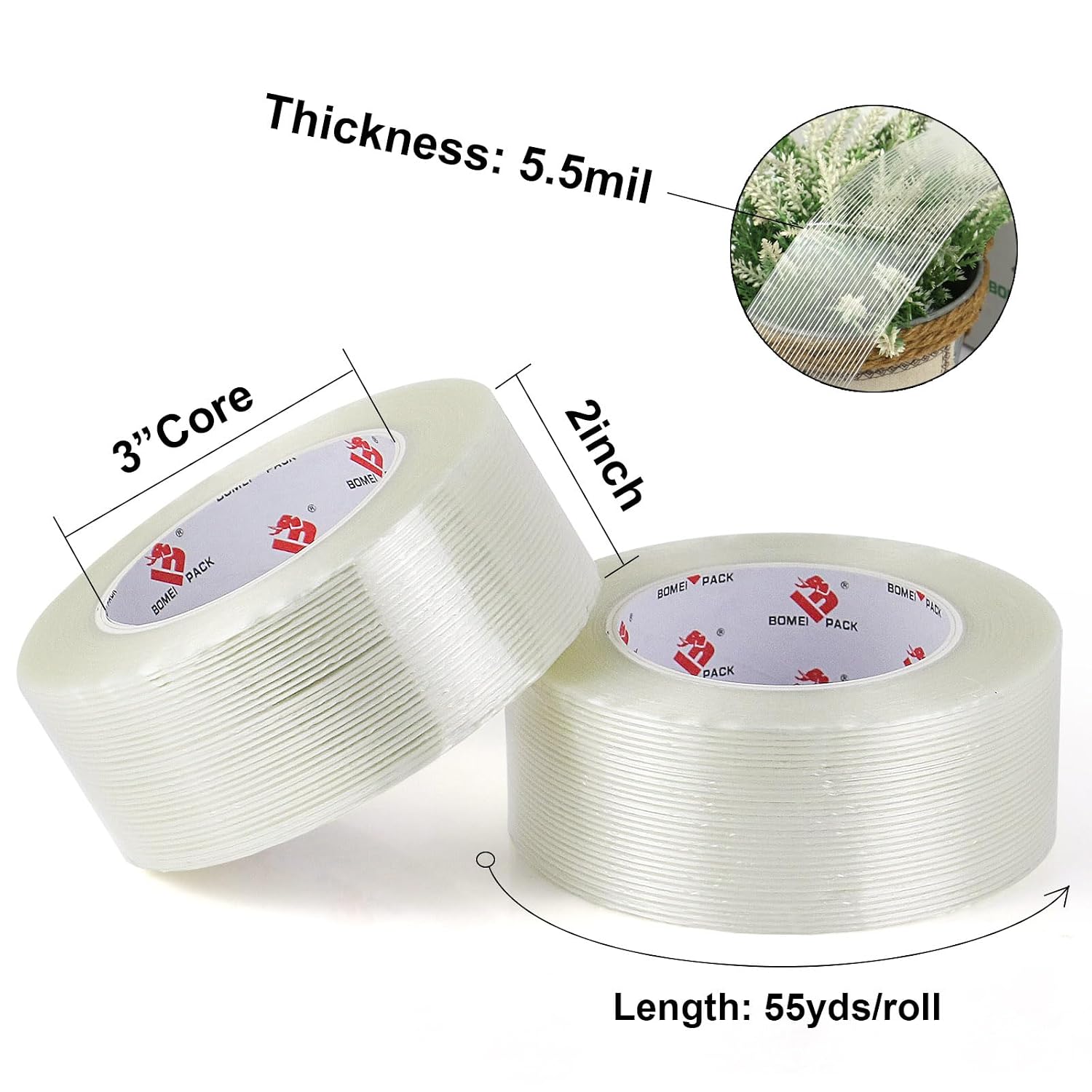BOMEI PACK Mono Filament Tape,Strapping Tape,Fiberglass Filament Tape Transparent Reinforced Heavy Duty Packing Strips for Shipping Sealing Binding Fixing 6 Pack 2 inch x 55 Yards image 2