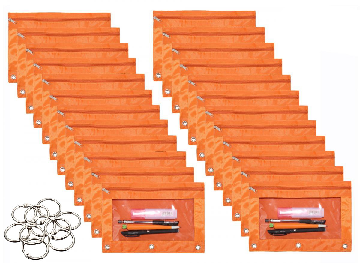 Wodison 24 Packs 3 Ring Binder Pen Pencil Case Pouch Bulk Set Stationery Bag for School Class Office Orange