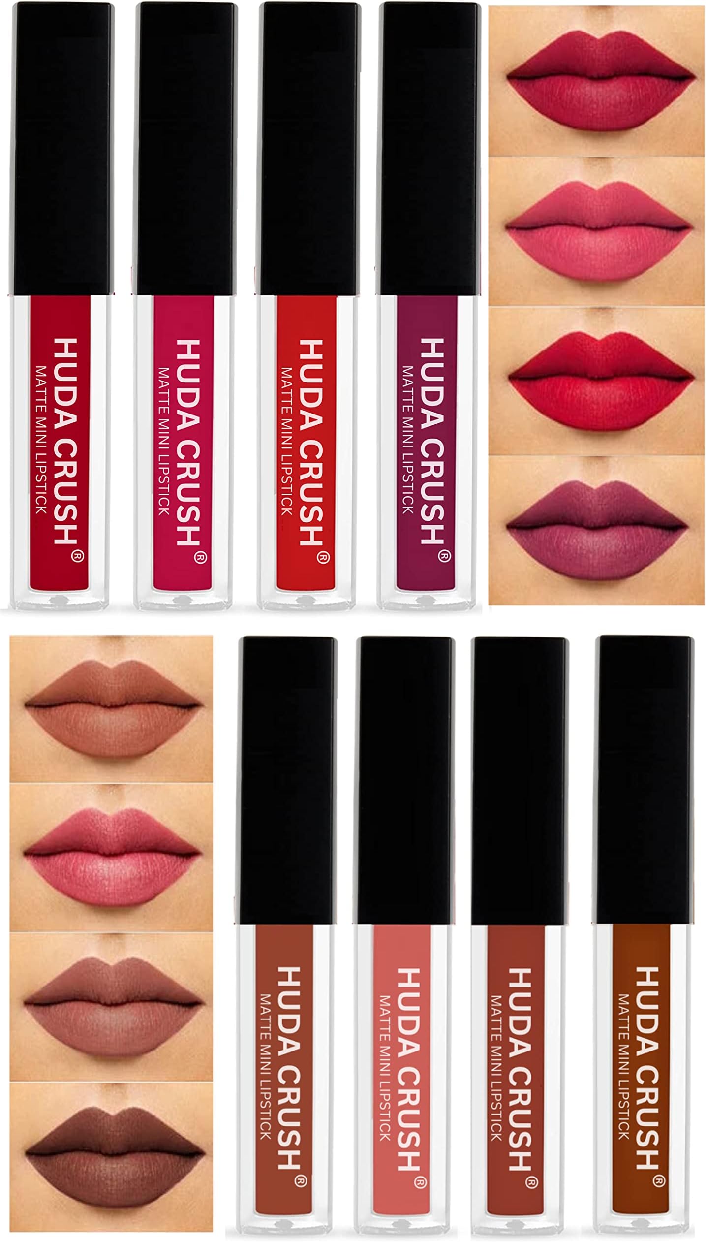 HUDACRUSH BEAUTY Mini Lipsticks Combo Pack of 8 Liquid Matte Lipstick Set, Red and Nude Edition