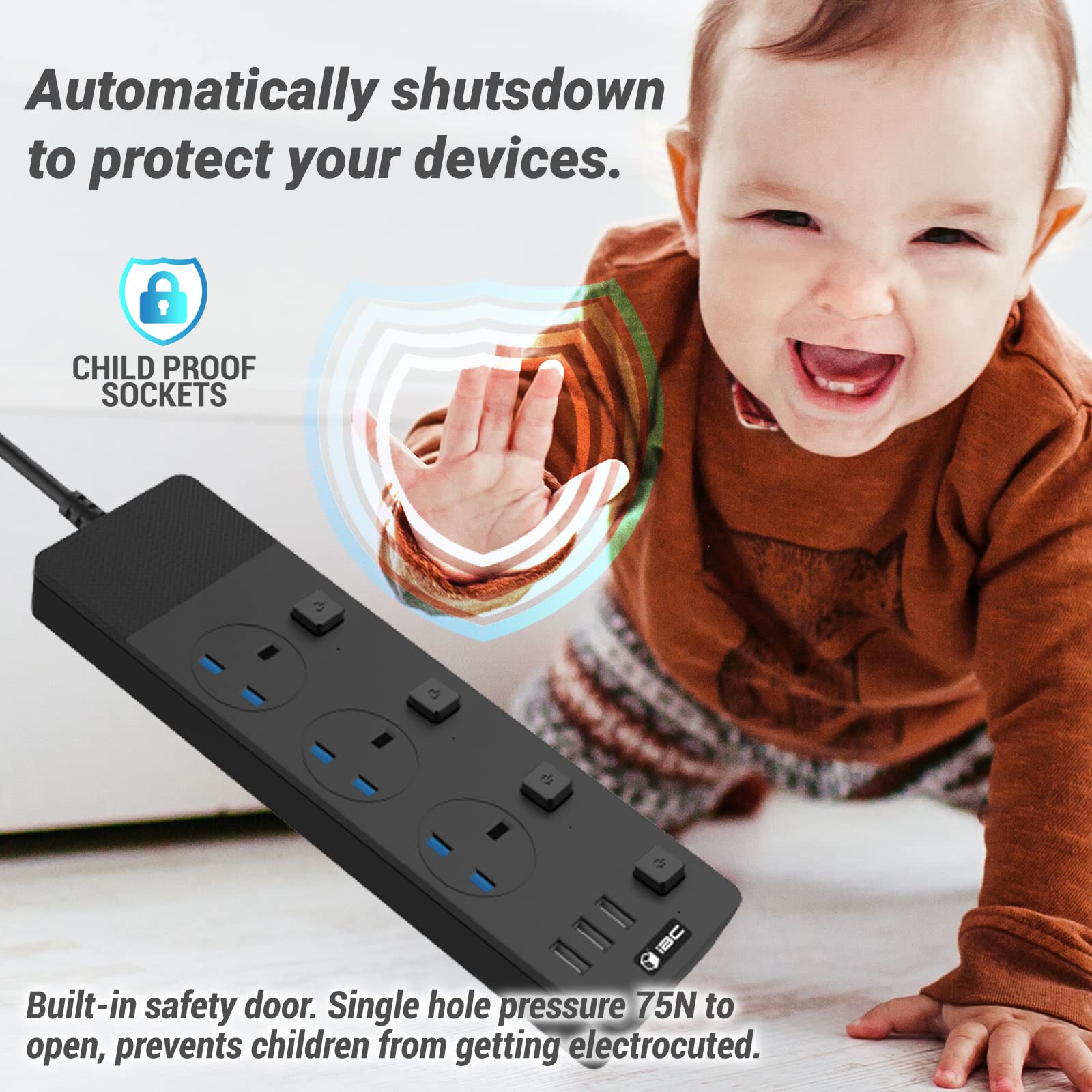 iBlockCube Extension Lead with 3 USB Slots 2 Meter Cable Cord Power