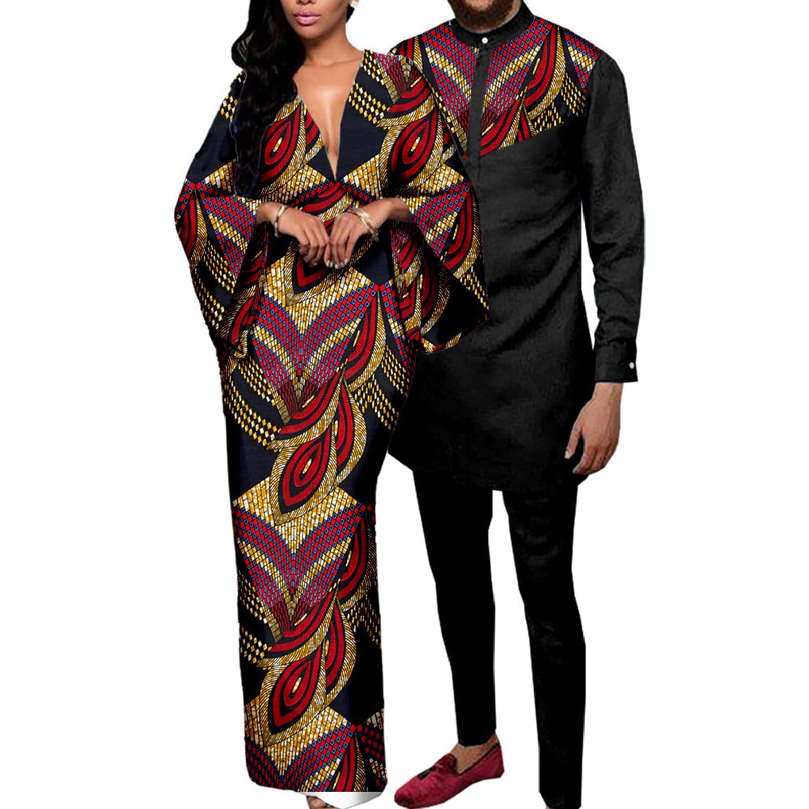 African Couple Attire Matching Sets - Women Print Wax V Neck Fishtail Dress and Dashiki Mens Clothes for