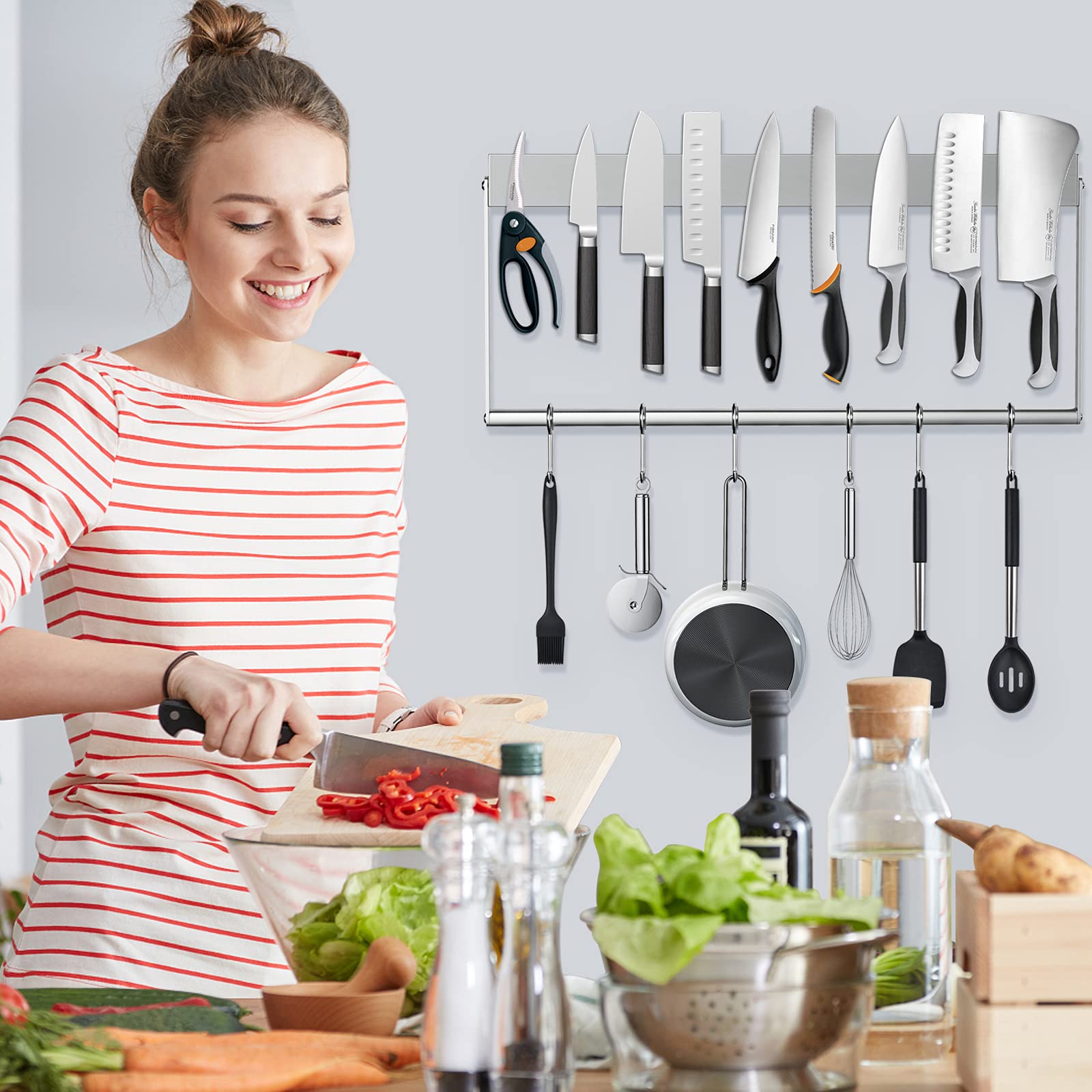 Ninonly Iman para Cuchillos en Pared 40cm Barra Magnetica para Cuchillos de Acero Inoxidable con 6 Quitar Ganchos Soporte Magnetico para Cuchillos y Soportes para Utensilio