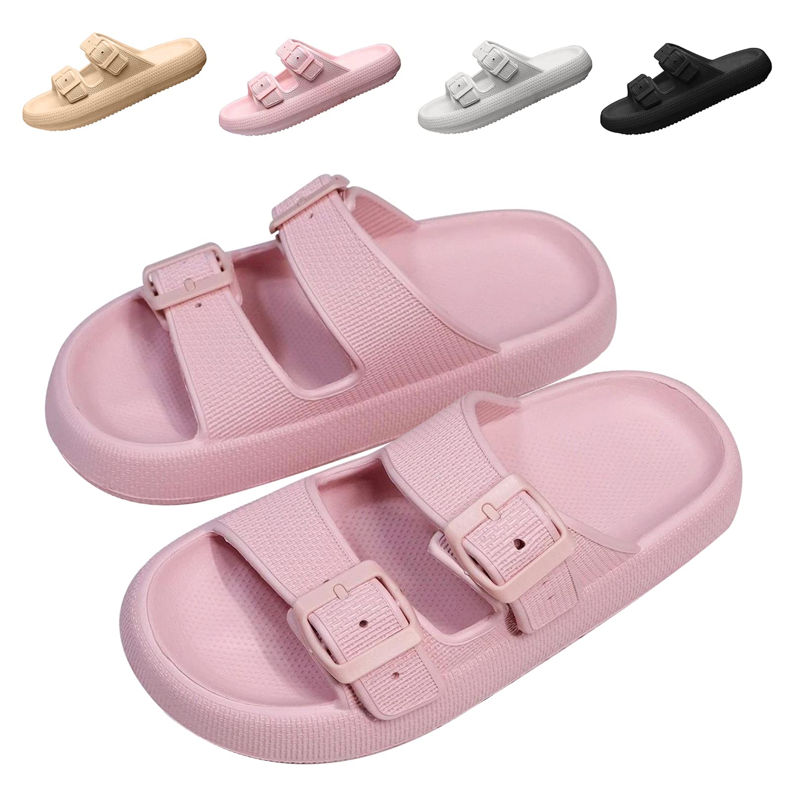 Photo 1 of Bevaney Cloud Slides for Women and Men, Pillow Slides for Women Sandals for Women Thick Sole Double Adjustable Buckles Cloud Shoes Cushionable Sandals EVA Anti-Slip, Pink 38-39