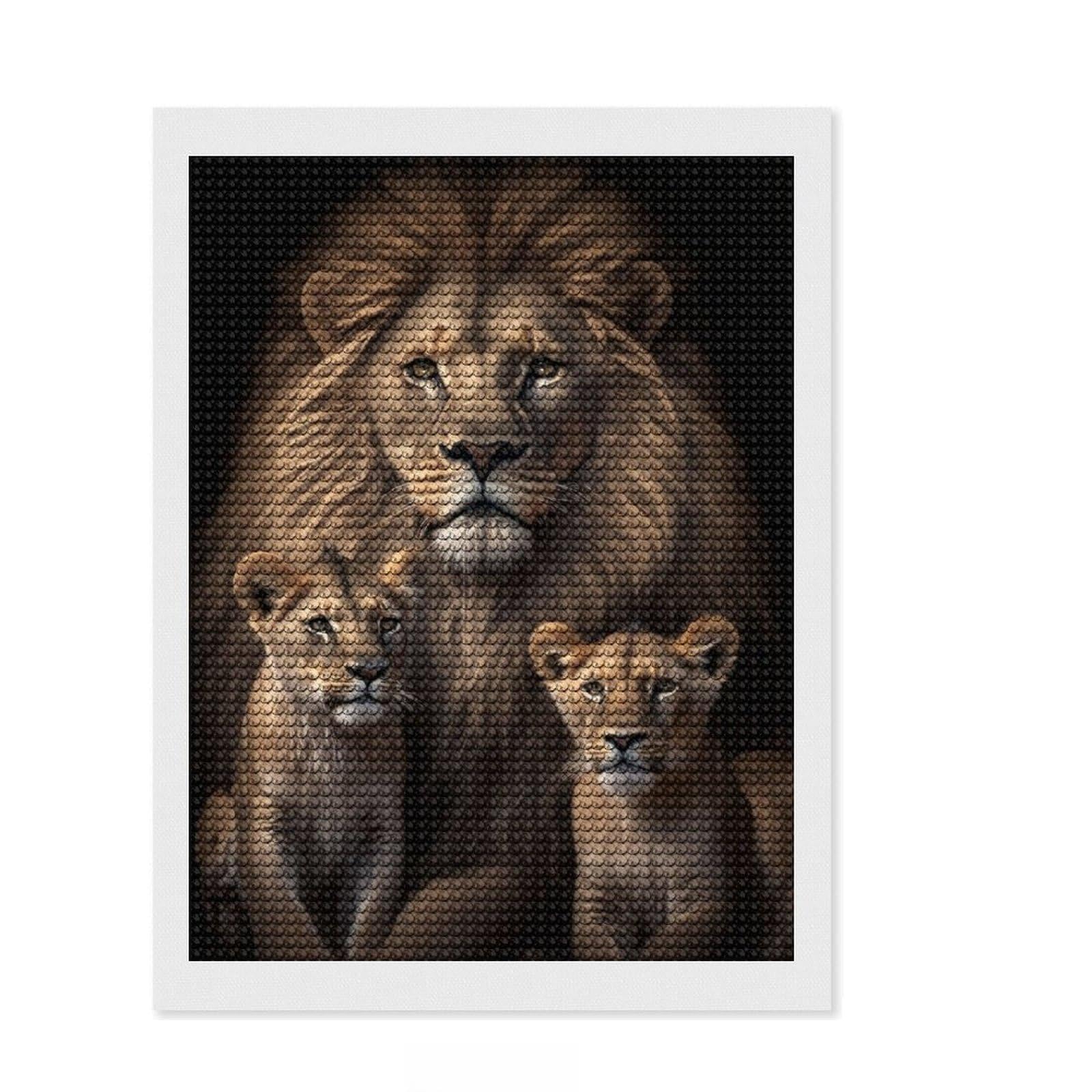 Junmoney Lions Portrait on Dark Diamond Art Canvas 12"x16", for Creative Relaxation, Printed Canvas, Modern Decor, Christmas Gift, with Tool Kit