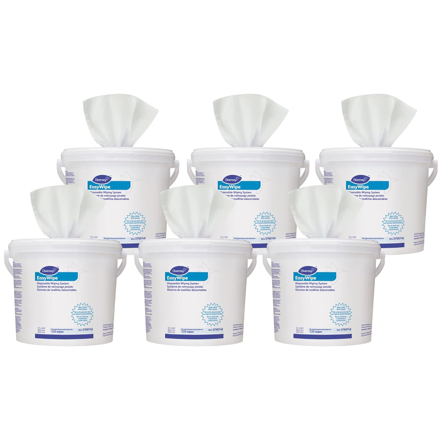 Diversey 5768748 EasyWipe Disposable Wiping System, DRY Wipes in Reusable Bucket - Use with Your Choice Disinfectant, 125 Large 12x10.5-Inch Wipes, 1-Bucket (Pack of 6)