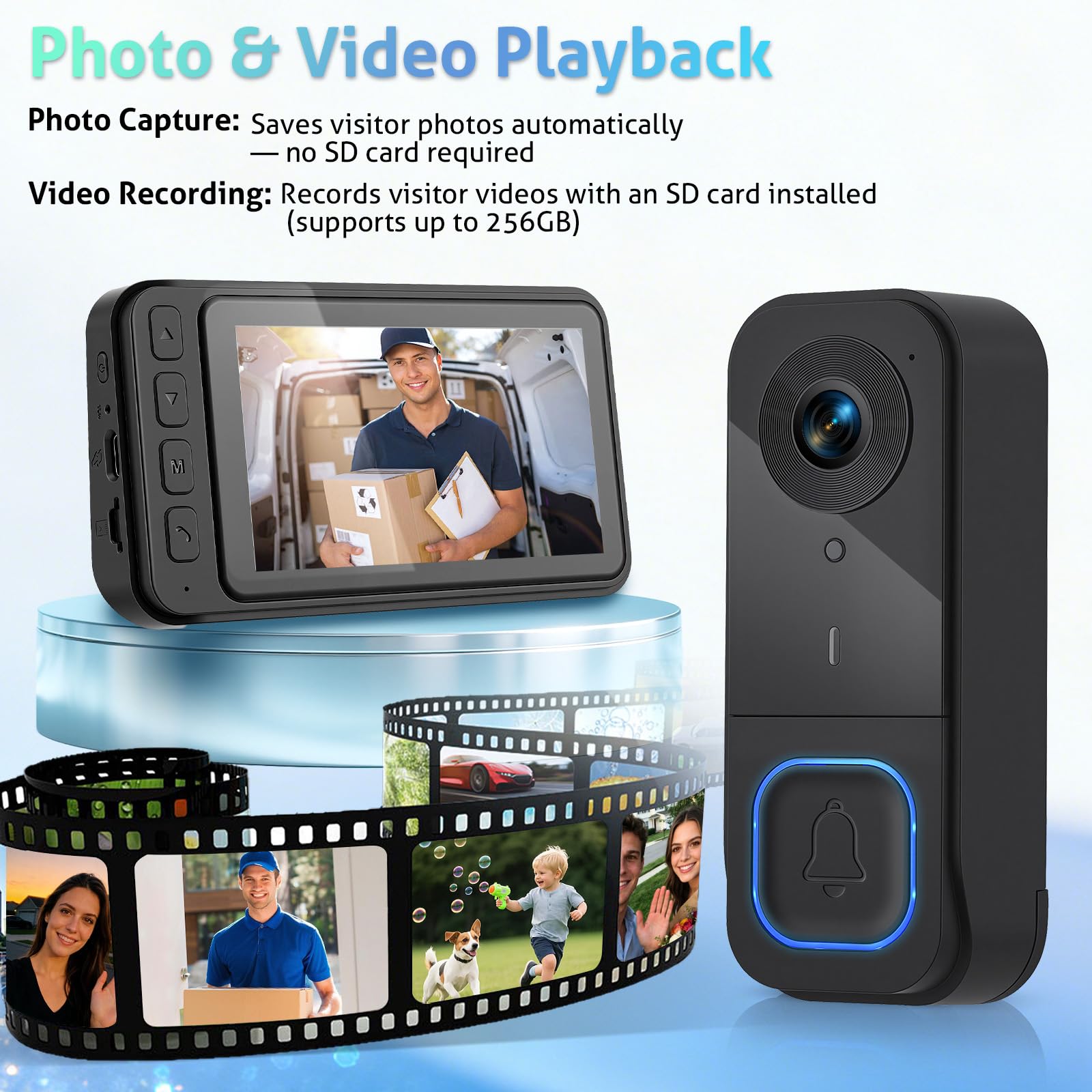 Timbre Video inalámbrico con Pantalla IPS 4.5" – Cámara Gran Angular 120°, Audio 2 vías, visión Nocturna IR, Memoria Local 128GB, emparejamiento 1 botón, IP65 para hogar