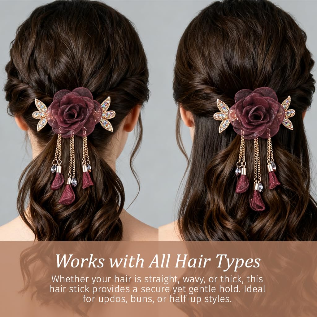 ZIBUYU Flower Hair Pins with Tassel French Accessories for Women Girls Vintage Floral Wedding Performance Daily Style