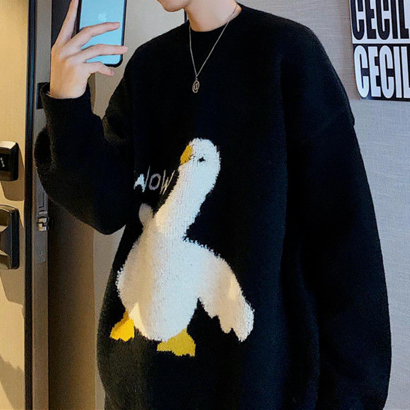 ZXCL Korean Style Kawaii Cartoon Goose Print Knitted Sweater Women