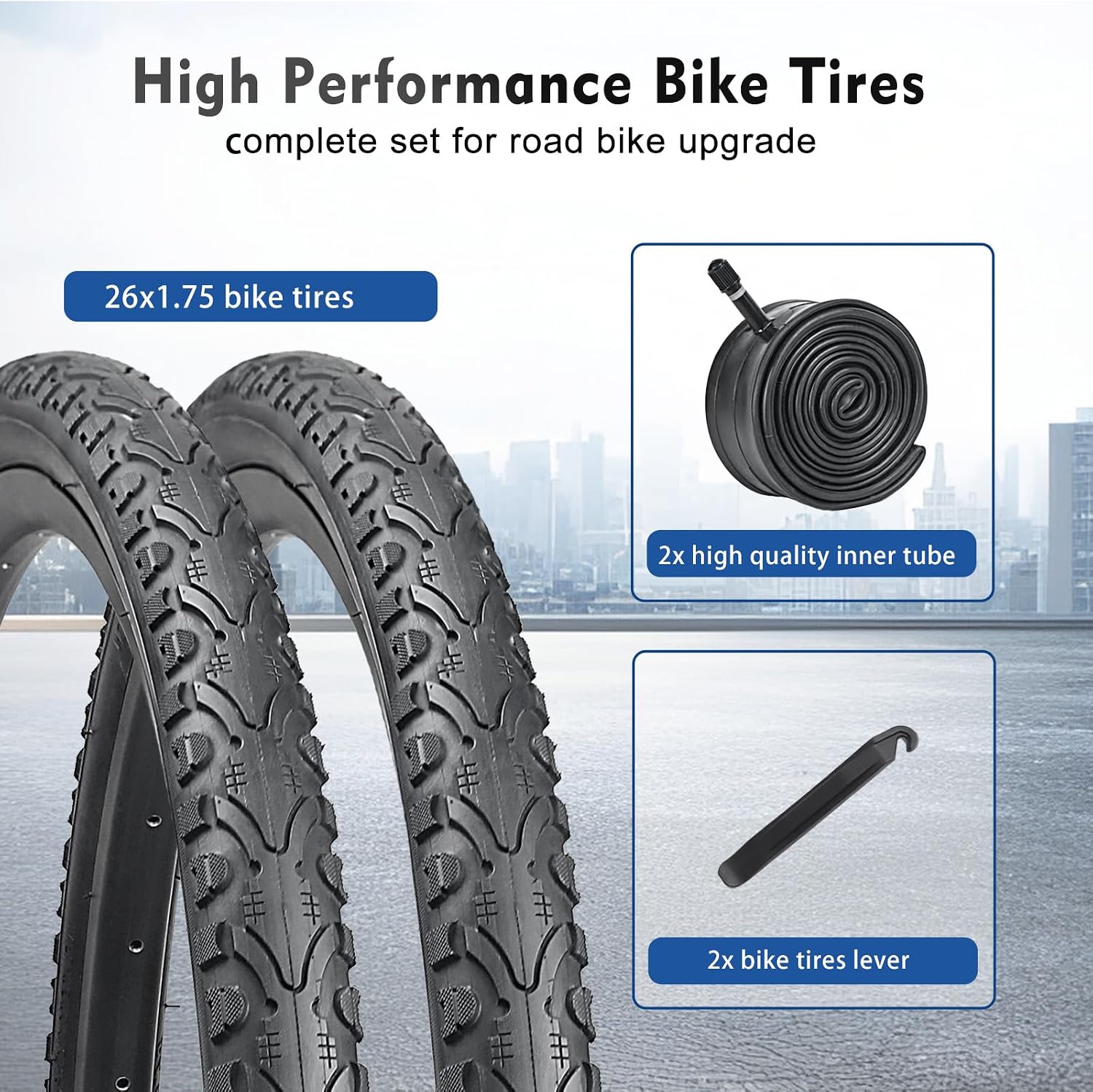 26" Bike Tire Kit (2-Pack) HUIOK 26x1.75 Tires Tubes Levers for Hybrid/City/Urban Roads
