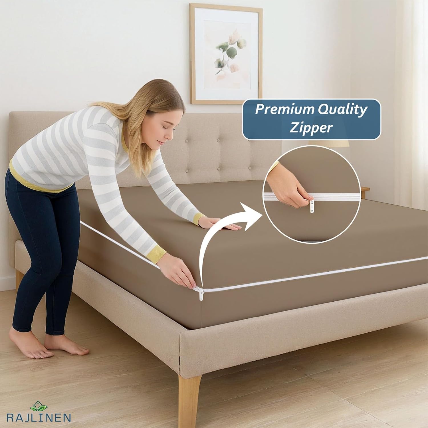 Rajlinen Premium Zippered Mattress Protector, 100% Microfiber, 6-Side Deep Pocket Coverage, Fits Up to 15 Inch Deep, Waterproof, Soft, Noiseless, Breathable Cover, Queen (60x80), Taupe
